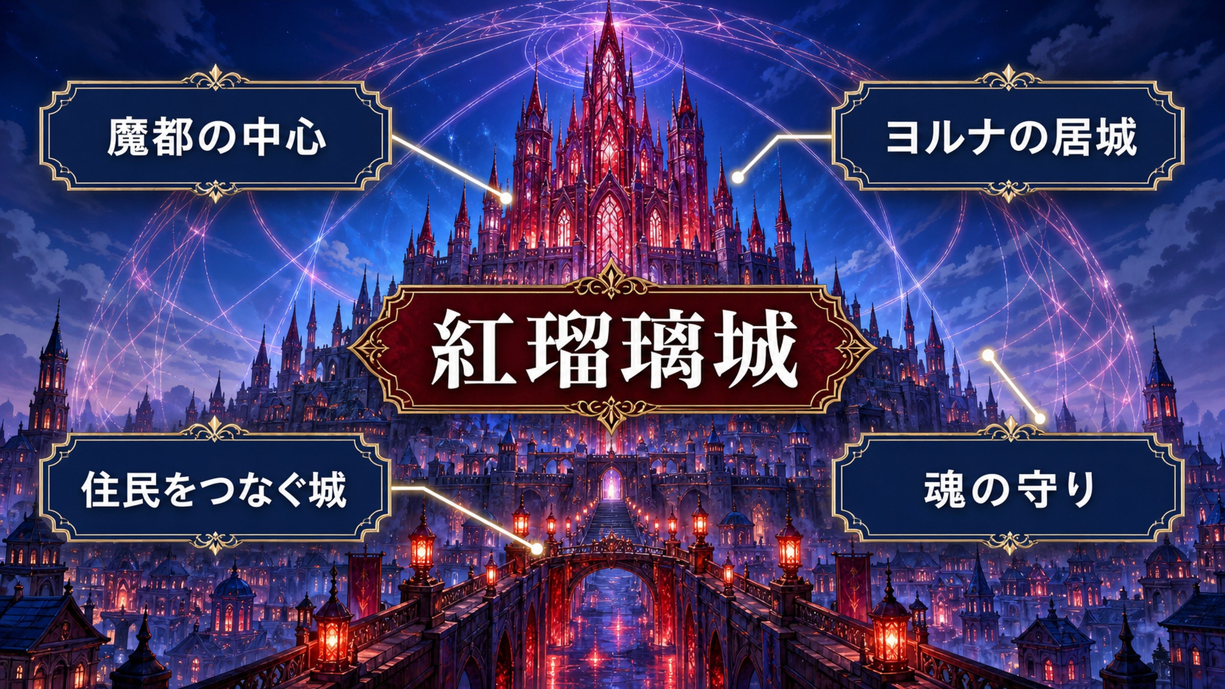 紅瑠璃城を魔都の中心・ヨルナの居城・魂の守り・住民をつなぐ城として整理した図解
