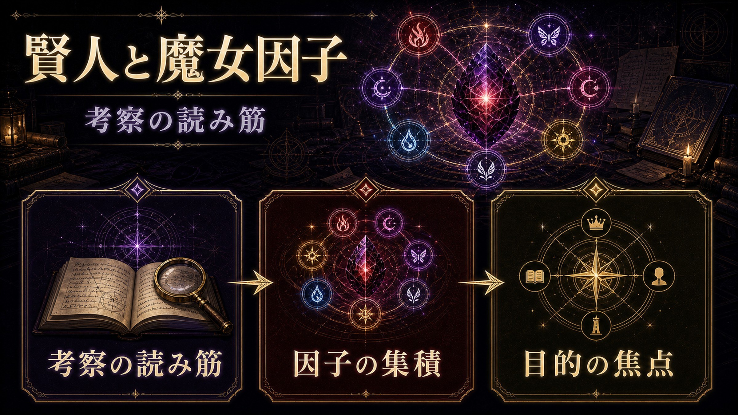 賢人と魔女因子の関係を考察の読み筋・因子の集積・目的の焦点として整理した図解