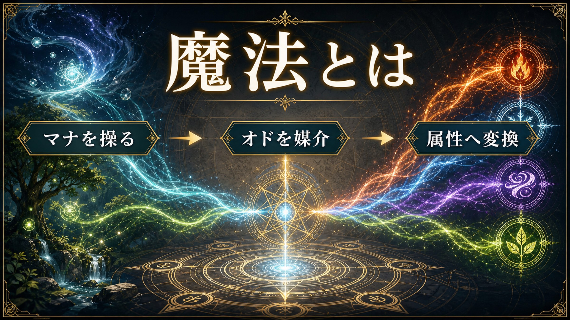 魔法をマナを操る、オドを媒介、属性へ変換という流れで整理した図解