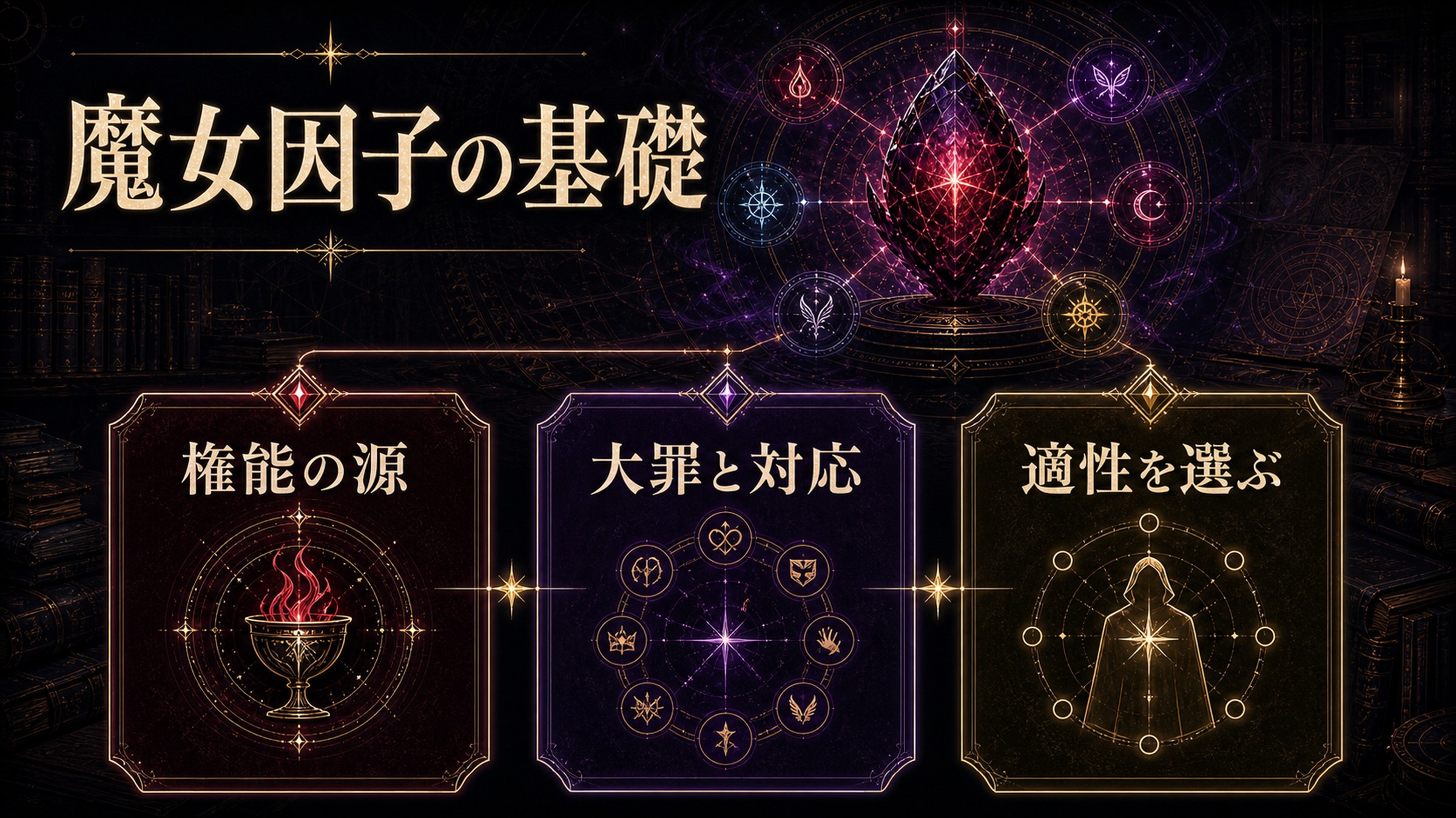 魔女因子の基礎を権能の源・大罪と対応・適性を選ぶものとして整理した図解