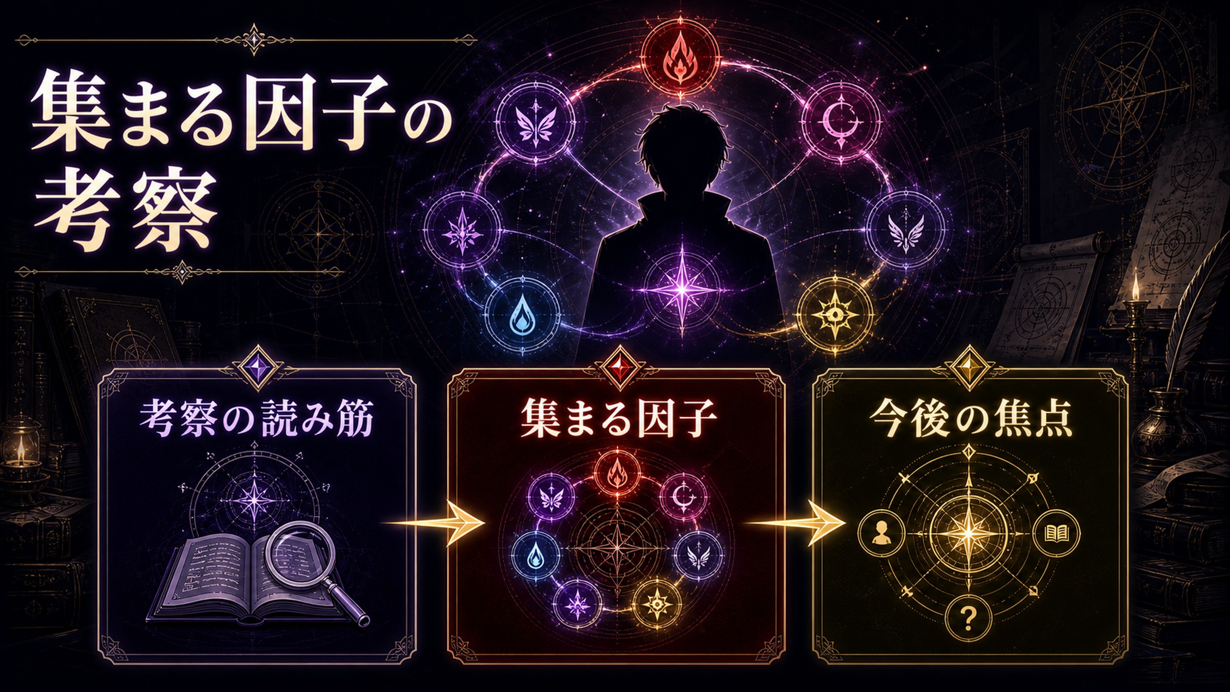 魔女因子を集めるとどうなるかを考察の読み筋・集まる因子・今後の焦点として整理した図解