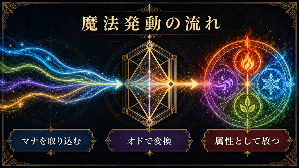 魔法発動の流れをマナを取り込む、オドで変換、属性として放つ手順で整理した図解