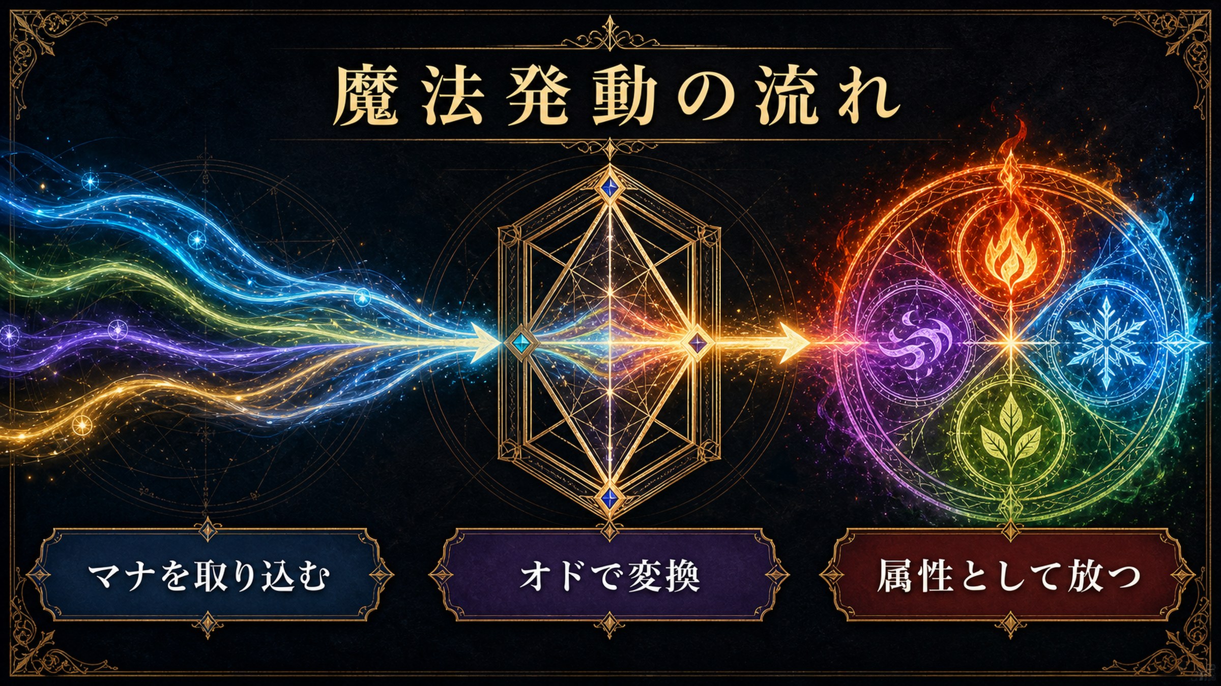 魔法発動の流れをマナを取り込む、オドで変換、属性として放つ手順で整理した図解
