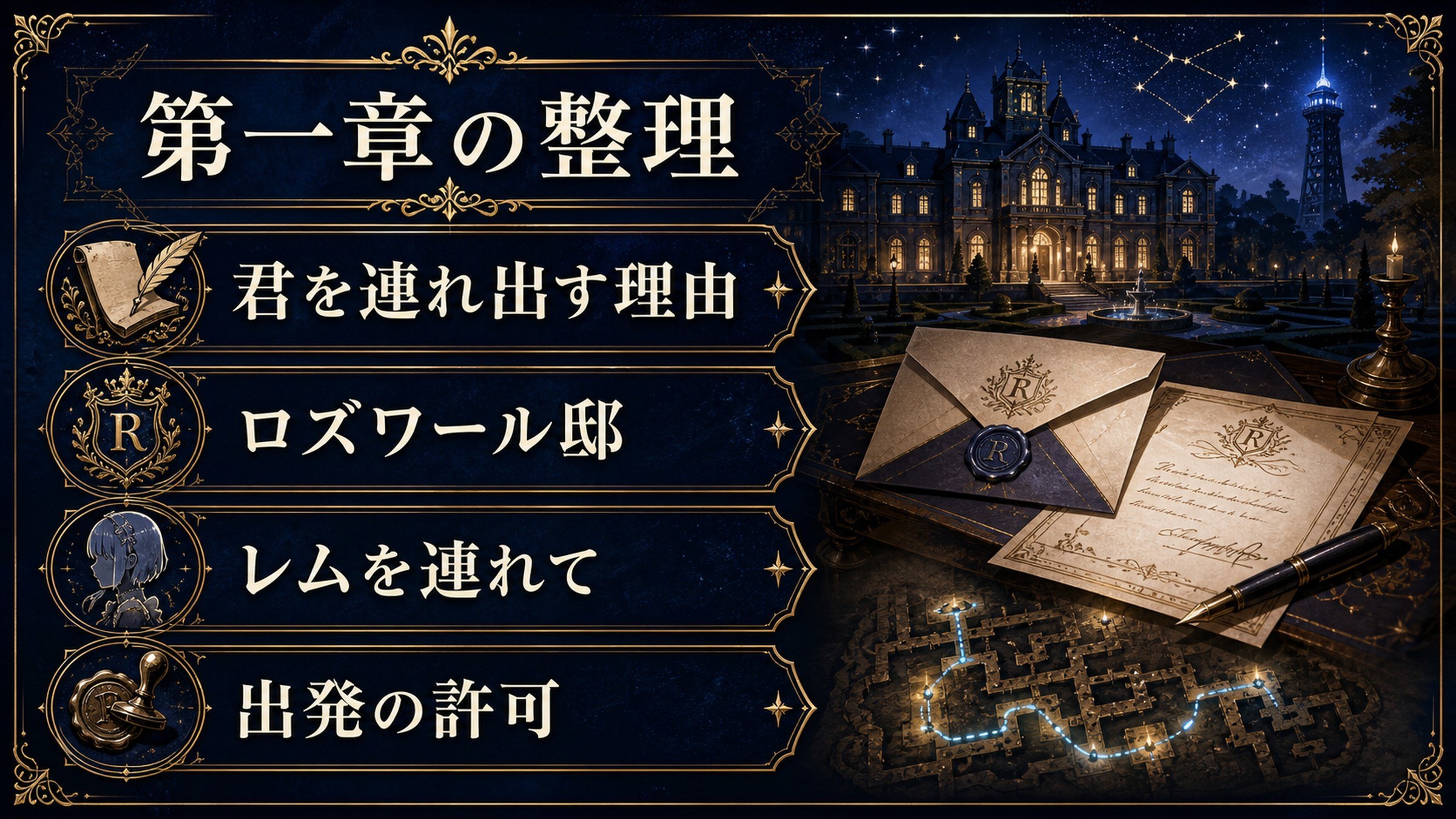 原作小説21巻第一章を君を連れ出す理由・ロズワール邸・レムを連れて・出発の許可として整理した図解