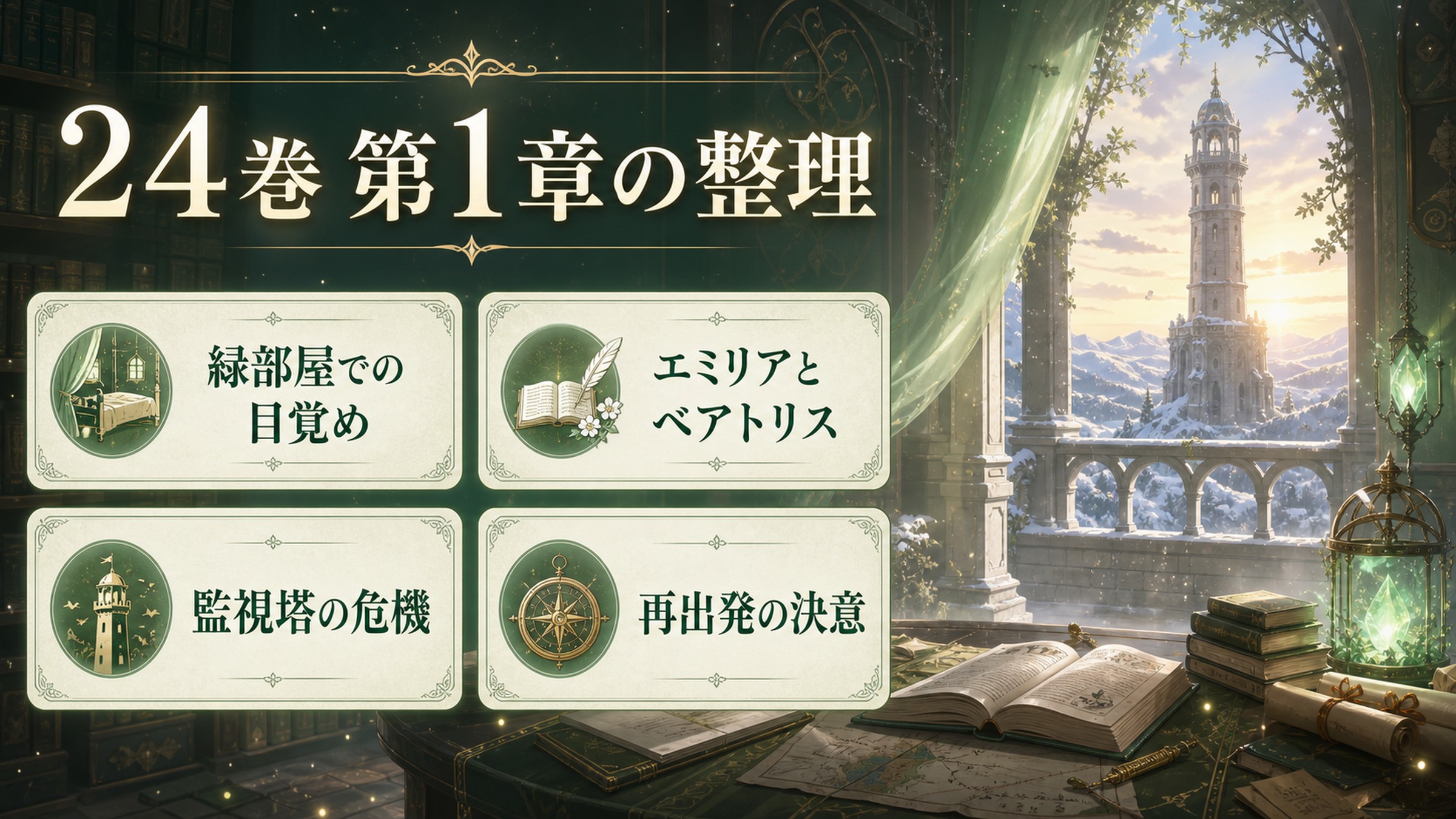 原作小説24巻第1章を緑部屋での目覚め・エミリアとベアトリス・監視塔の危機・再出発の決意として整理した図解