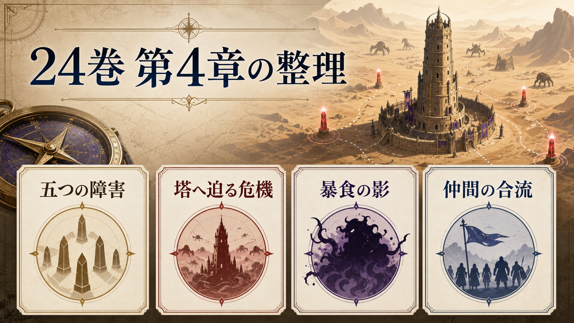 原作小説24巻第4章を五つの障害・塔へ迫る危機・暴食の影・仲間の合流として整理した図解
