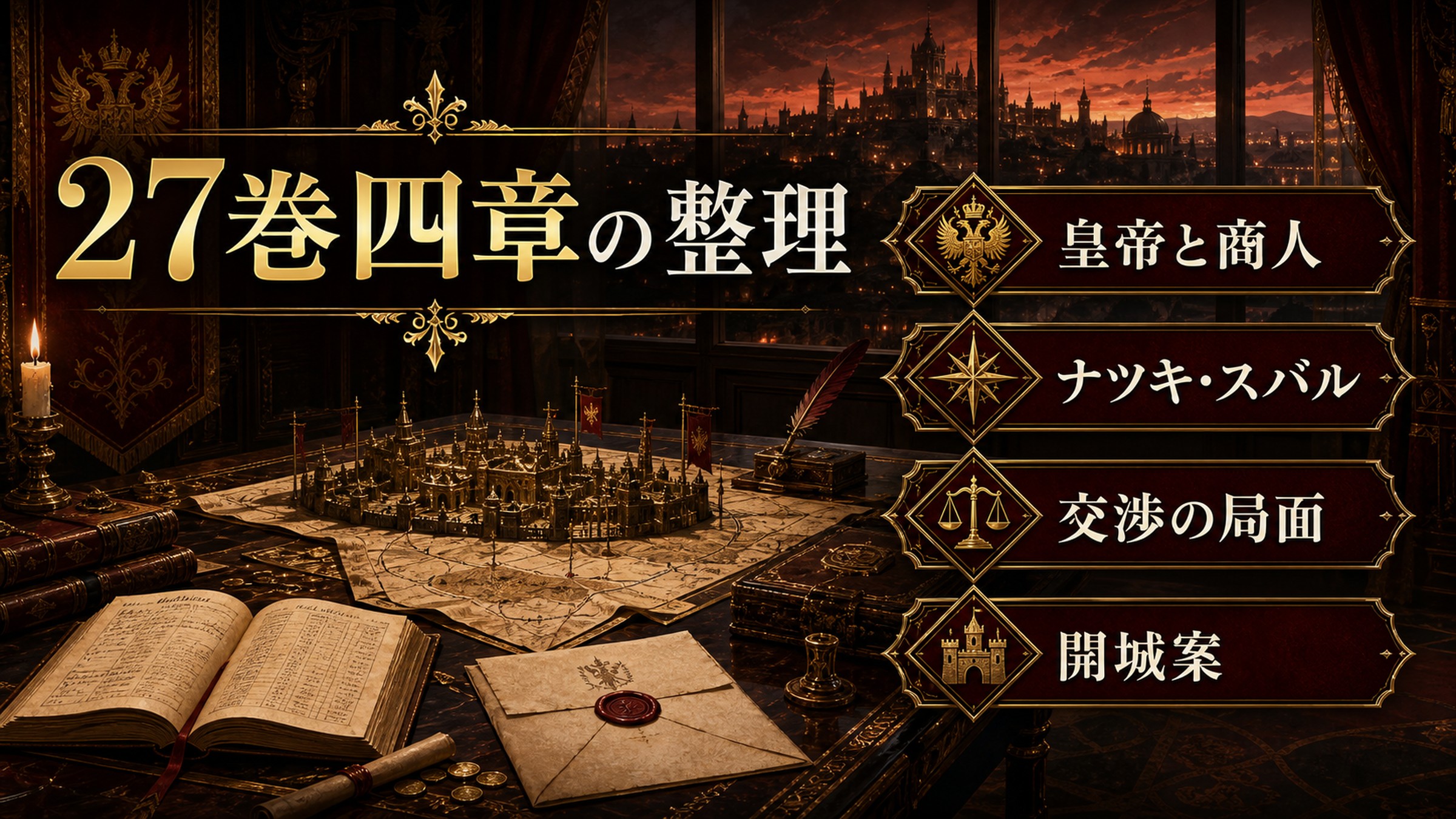 原作小説27巻四章を皇帝と商人・ナツキスバル・交渉の局面・開城案として整理した図解