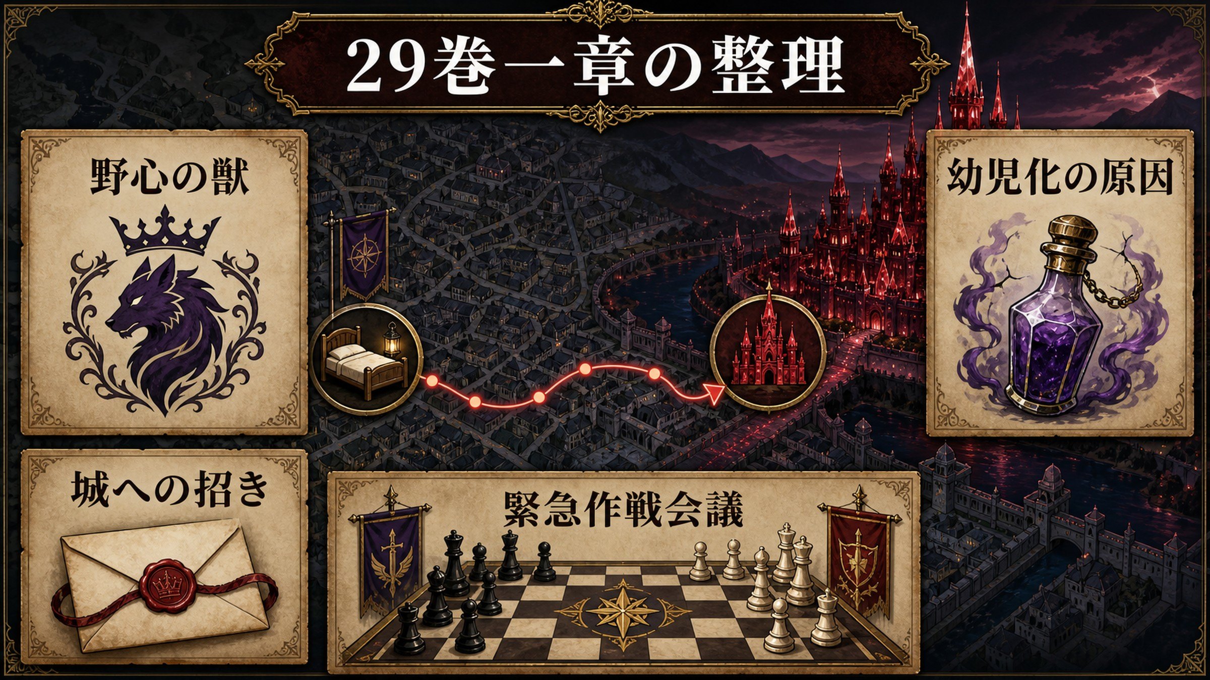 原作小説29巻一章を野心の獣・幼児化の原因・城への招き・緊急作戦会議として整理した図解