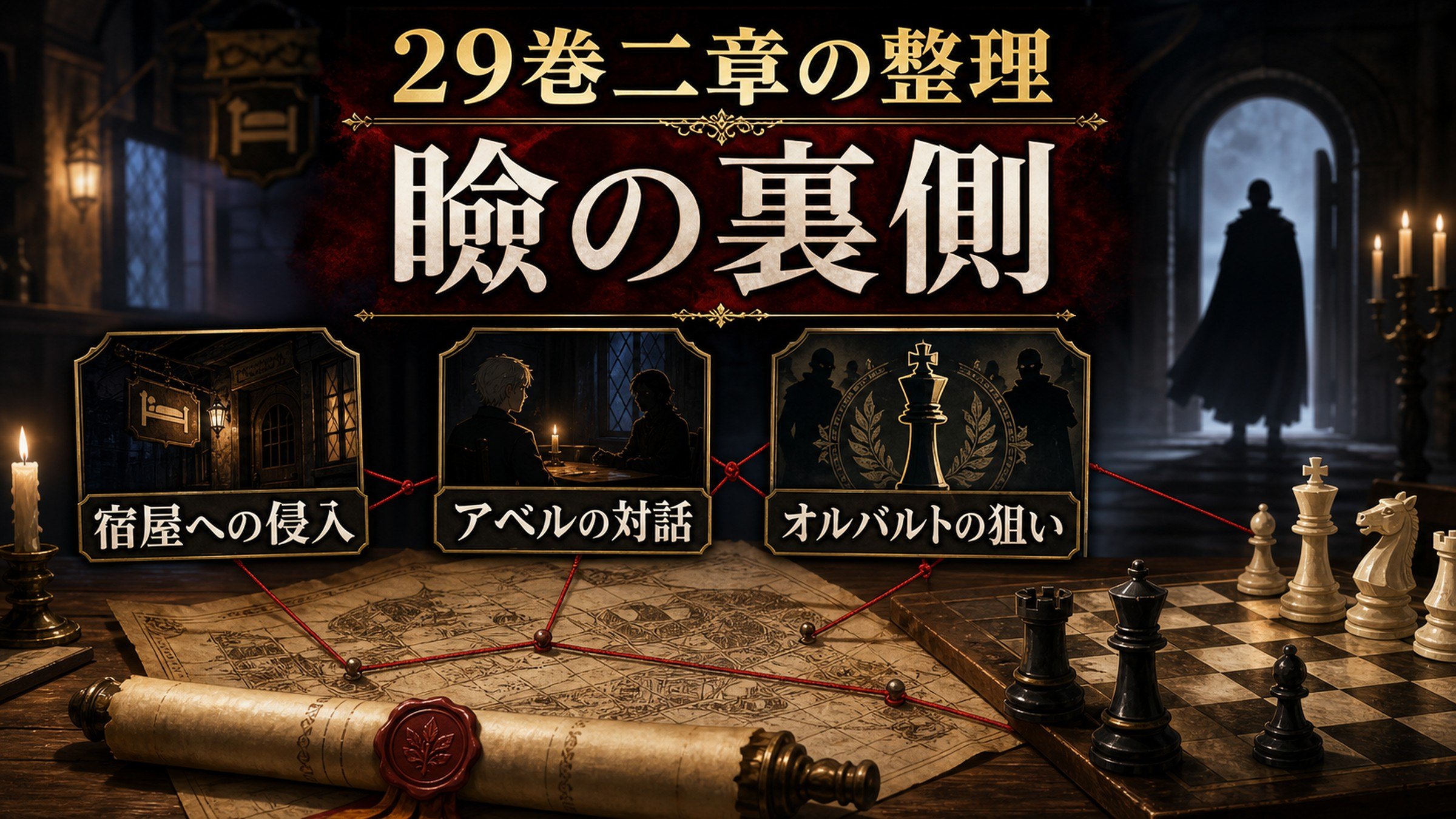 原作小説29巻二章を瞼の裏側・宿屋への侵入・アベルの対話・オルバルトの狙いとして整理した図解