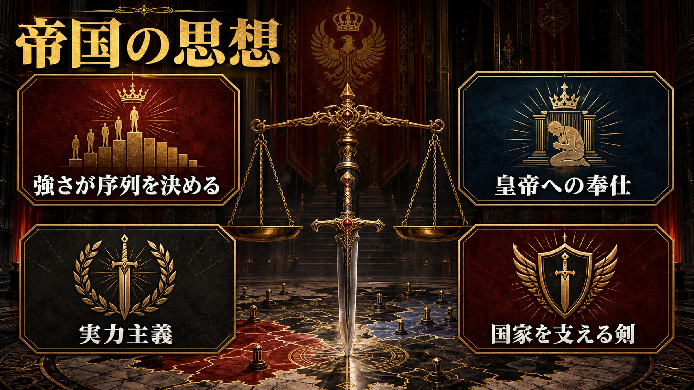 九神将制度が示す帝国の思想を強さが序列を決める・実力主義・皇帝への奉仕・国家を支える剣として整理した図解
