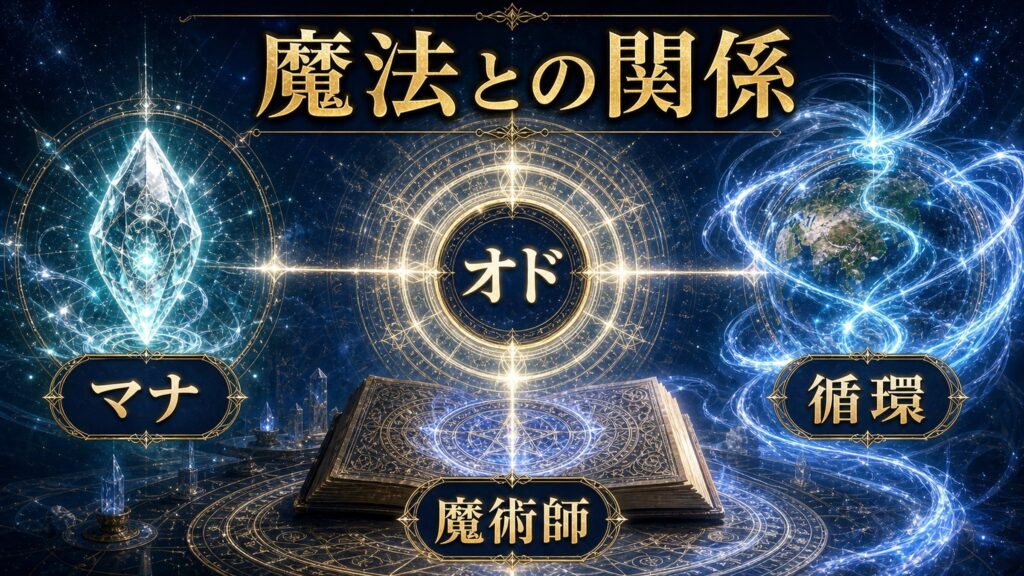 オド・ラグナと魔法の関係をマナ、オド、魔術師、循環として整理した図解
