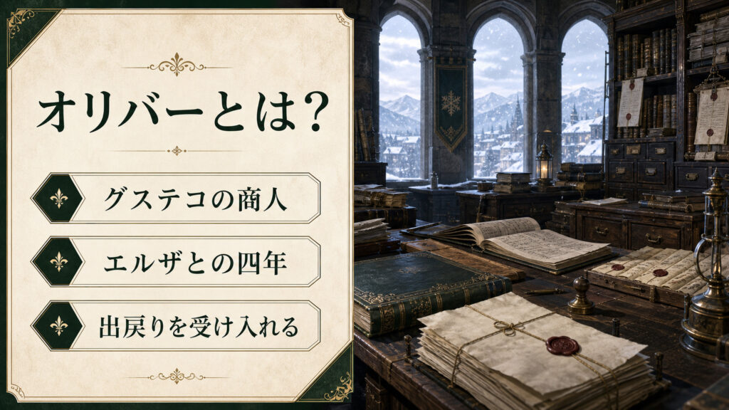 オリバーがグステコの商人でありエルザと四年の縁を持ち出戻りを受け入れる人物であることを整理した図解