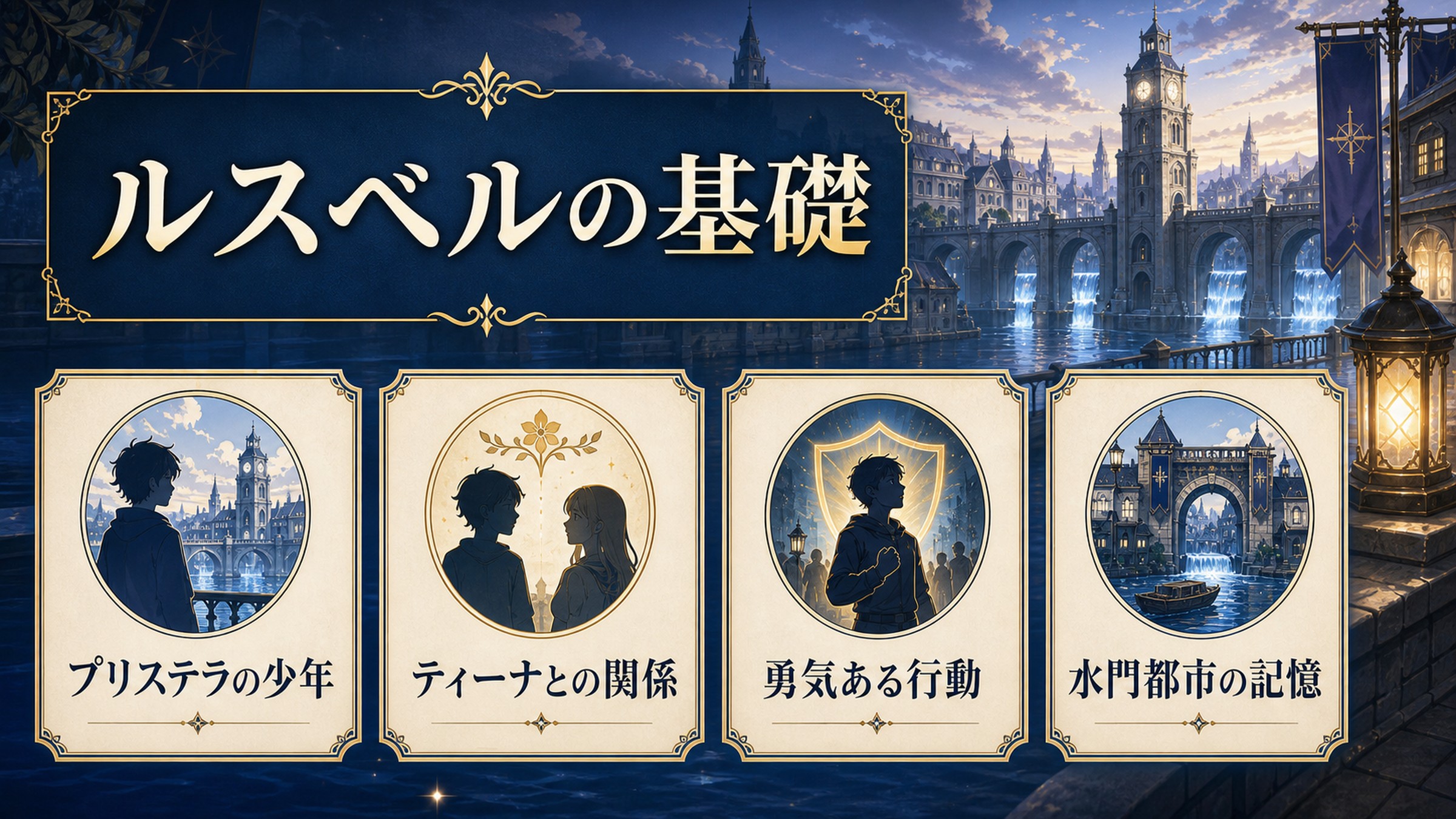 ルスベルの基礎をプリステラの少年・ティーナとの関係・勇気ある行動・水門都市の記憶として整理した図解