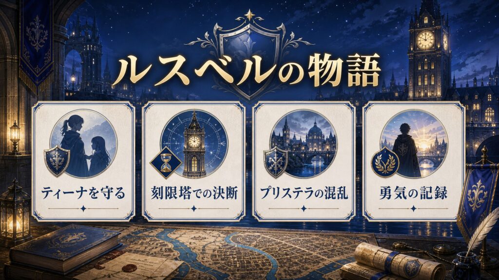 ルスベルの物語をティーナを守る・刻限塔での決断・プリステラの混乱・勇気の記録として整理した図解