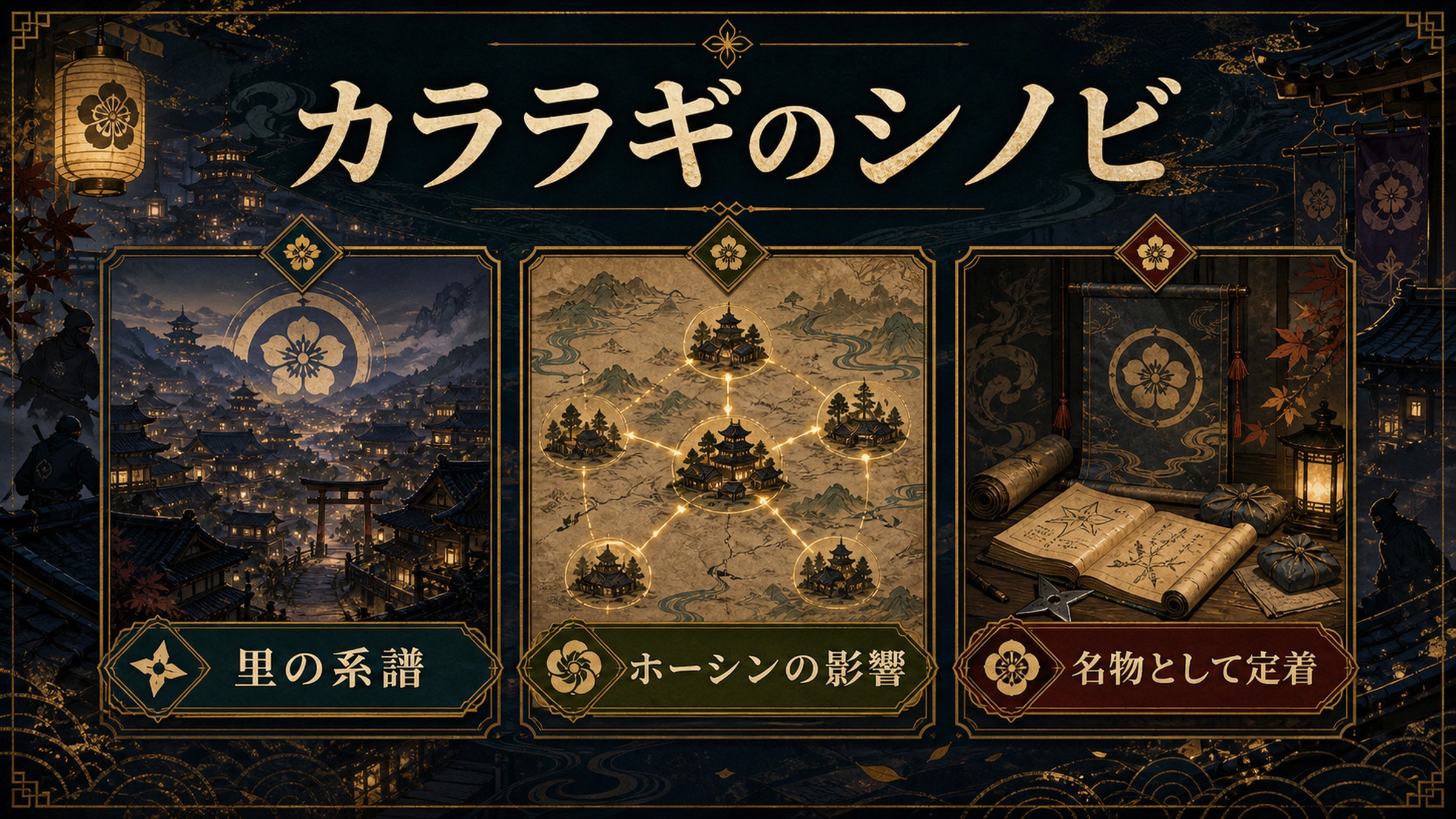 カララギのシノビを里の系譜・ホーシンの影響・名物として定着した存在として整理した図解