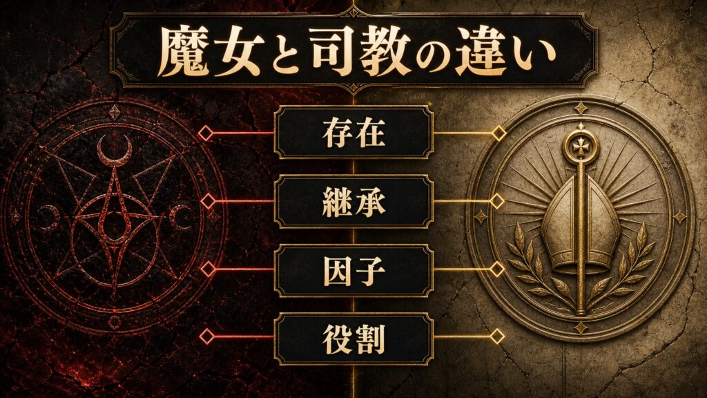 大罪の魔女と大罪司教の違いを存在、継承、因子、役割として整理した図解