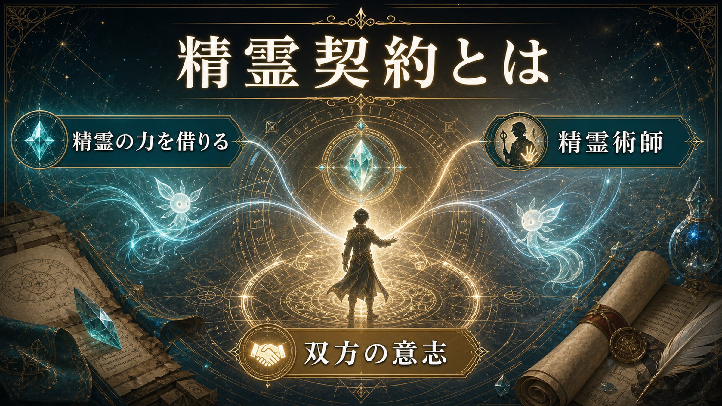 精霊契約を精霊の力を借りる、精霊術師、双方の意志として整理した図解