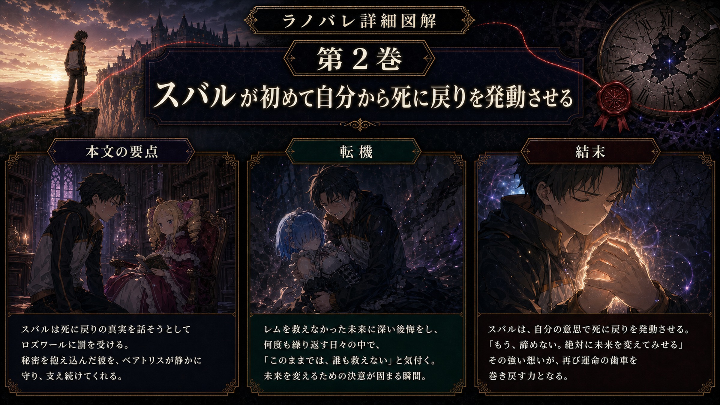 トップページ詳細解説「スバルが初めて自分から死に戻りを発動させる」を整理した図解