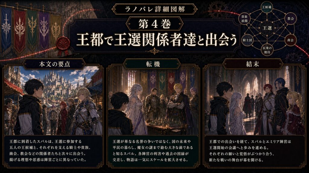 トップページ詳細解説「王都で王選関係者達と出会う」を整理した図解