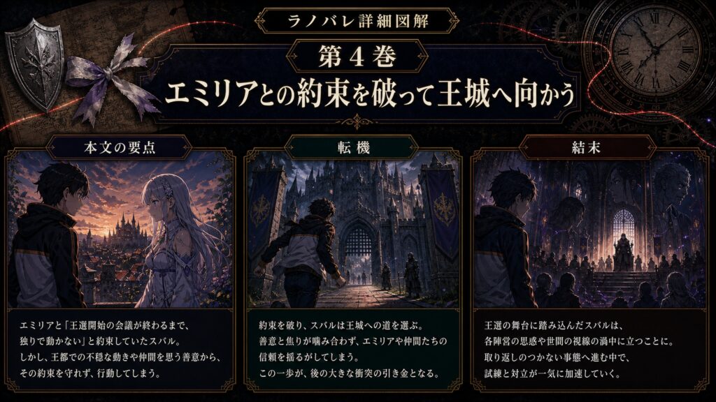 トップページ詳細解説「エミリアとの約束を破って王城へ向かう」を整理した図解