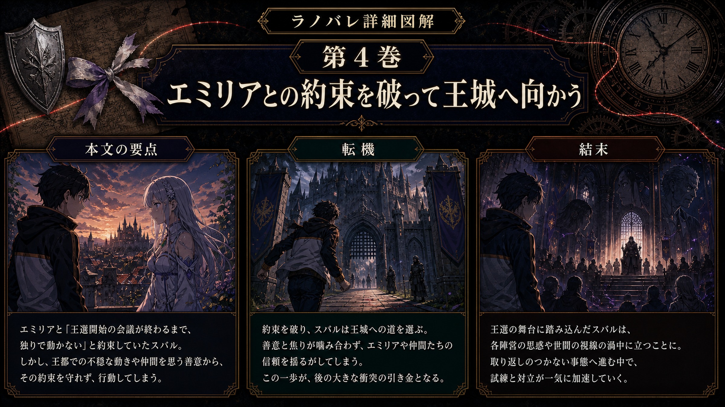 トップページ詳細解説「エミリアとの約束を破って王城へ向かう」を整理した図解
