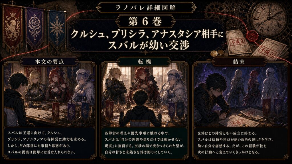 トップページ詳細解説「クルシュ、プリシラ、アナスタシア相手にスバルが幼い交渉」を整理した図解