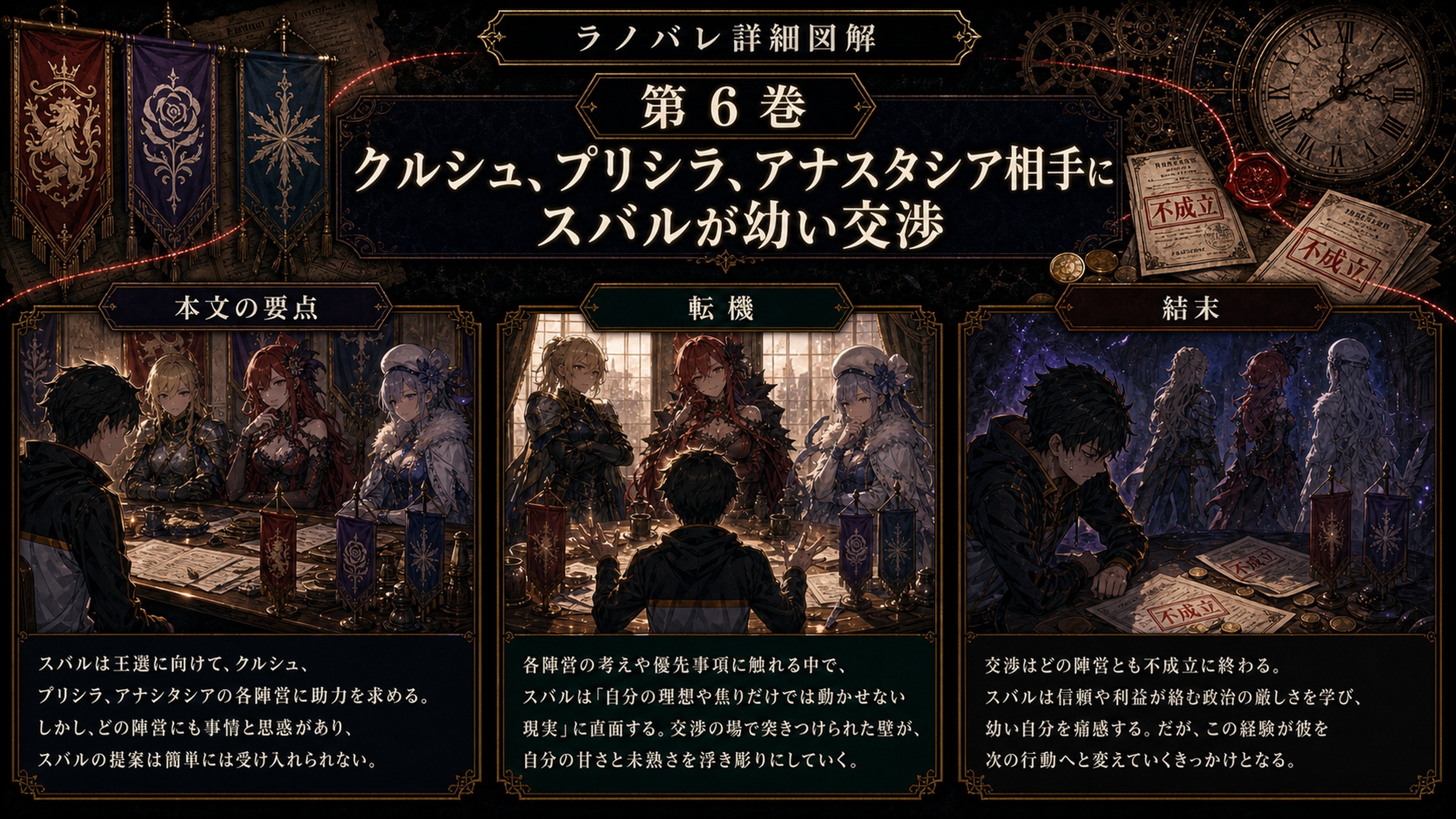 トップページ詳細解説「クルシュ、プリシラ、アナスタシア相手にスバルが幼い交渉」を整理した図解