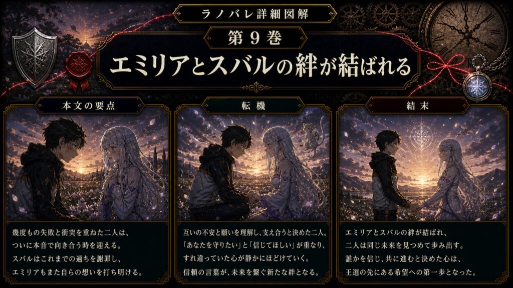 トップページ詳細解説「エミリアとスバルの絆が結ばれる」を整理した図解