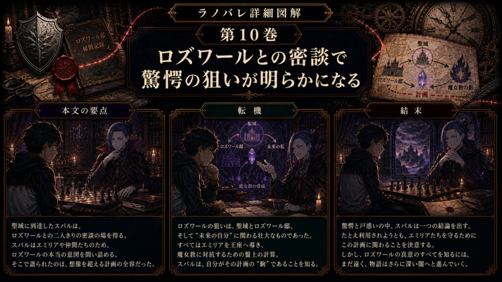 トップページ詳細解説「ロズワールとの密談で驚愕の狙いが明らかになる」を整理した図解