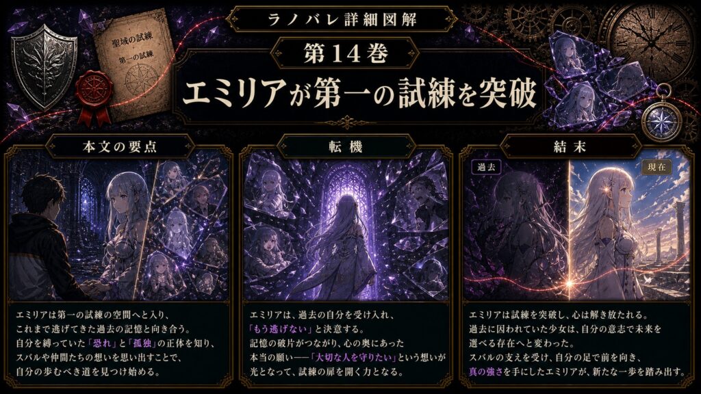 トップページ詳細解説「エミリアが第一の試練を突破」を整理した図解