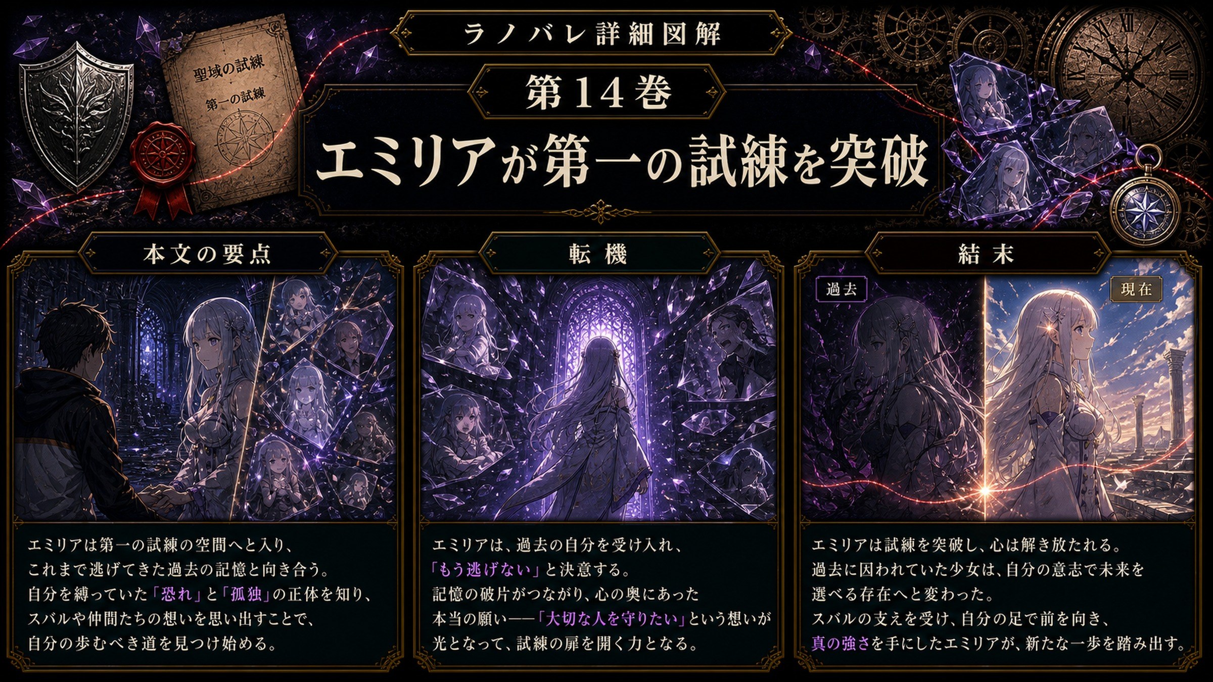 トップページ詳細解説「エミリアが第一の試練を突破」を整理した図解