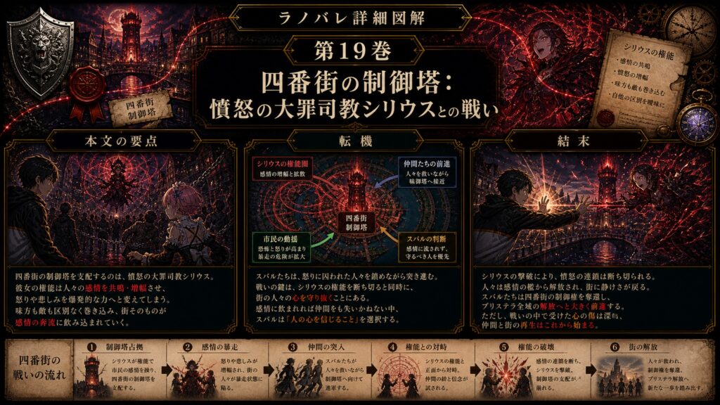 トップページ詳細解説「四番街の制御塔：憤怒の大罪司教シリウスとの戦い」を整理した図解