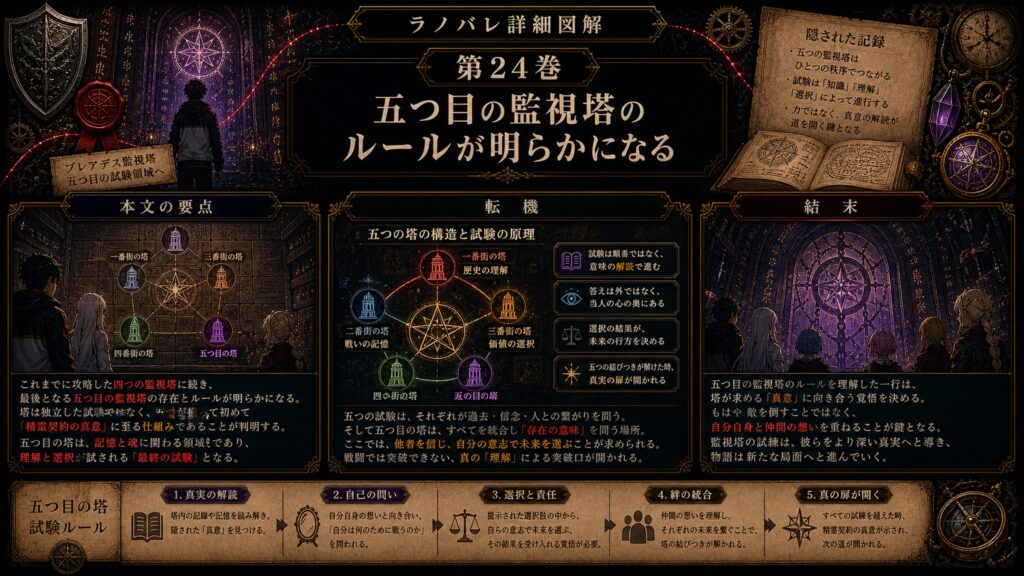 トップページ詳細解説「五つ目の監視塔のルールが明らかになる」を整理した図解