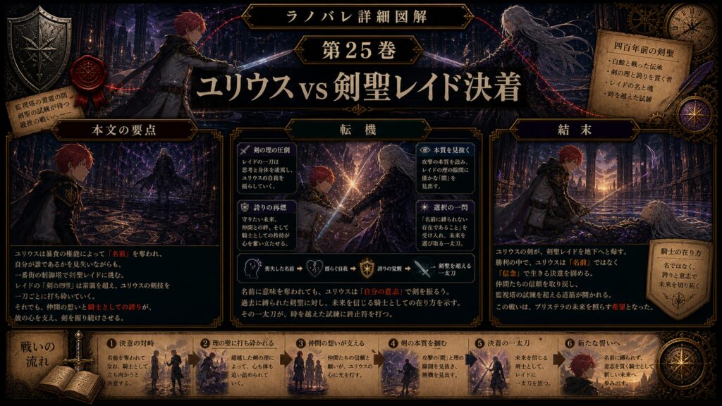 トップページ詳細解説「ユリウス vs 剣聖レイド決着」を整理した図解
