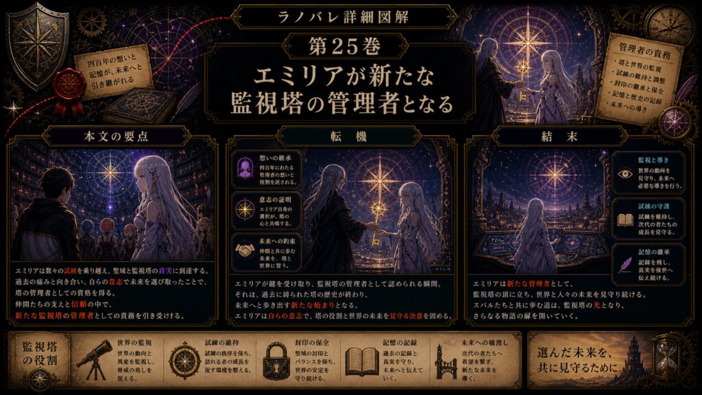 トップページ詳細解説「エミリアが新たな監視塔の管理者となる」を整理した図解