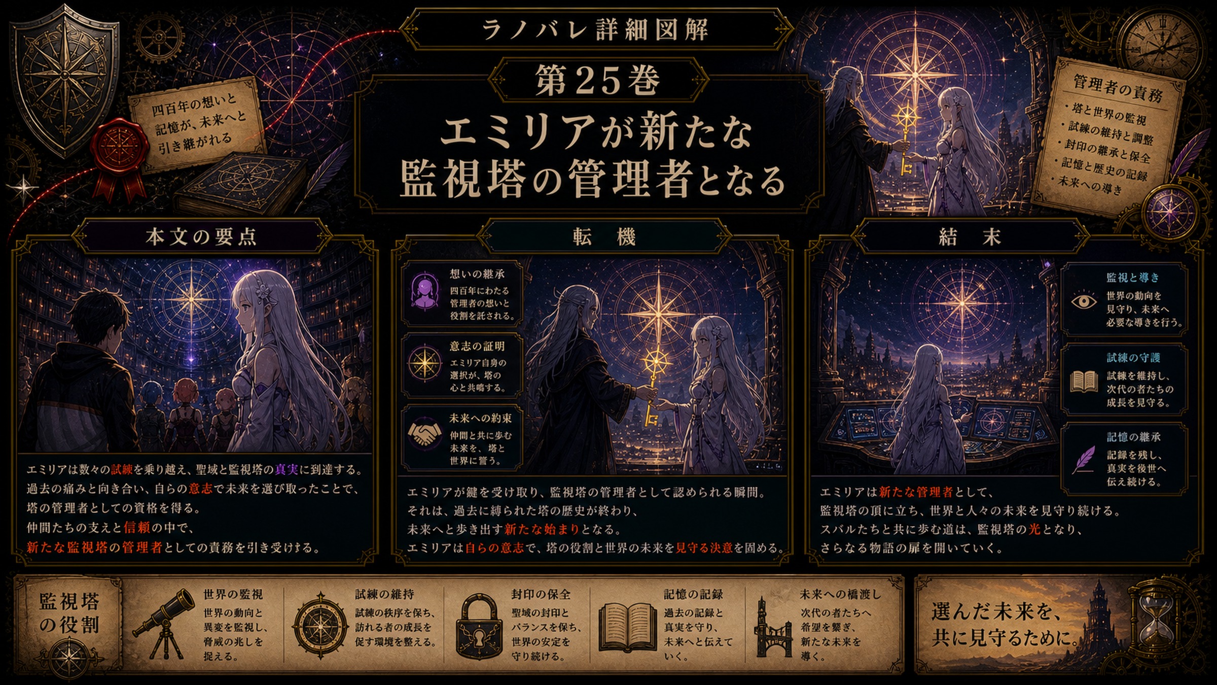 トップページ詳細解説「エミリアが新たな監視塔の管理者となる」を整理した図解