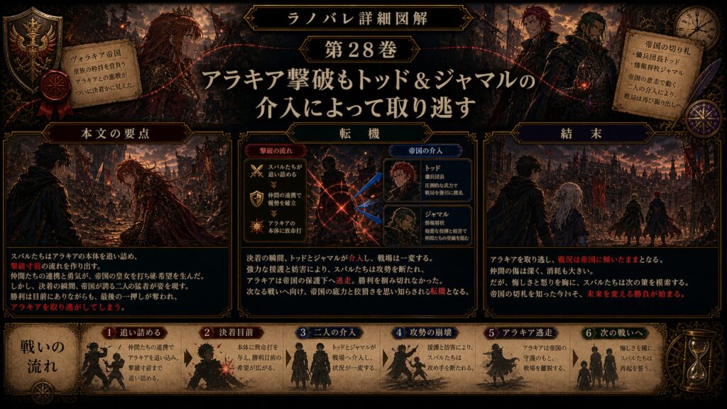トップページ詳細解説「アラキア撃破もトッド＆ジャマルの介入によって取り逃す」を整理した図解