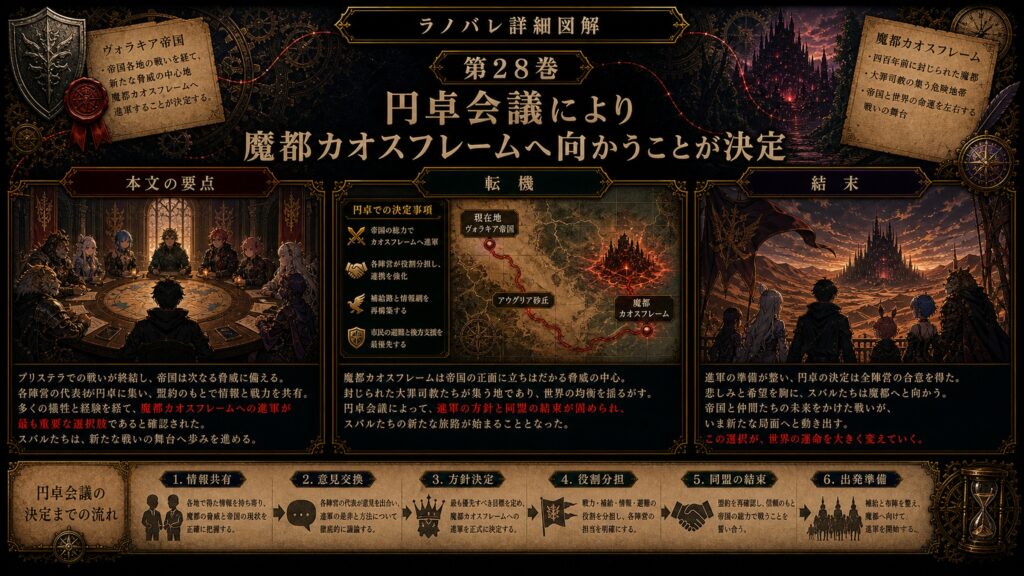トップページ詳細解説「円卓会議により魔都カオスフレームへ向かうことが決定」を整理した図解