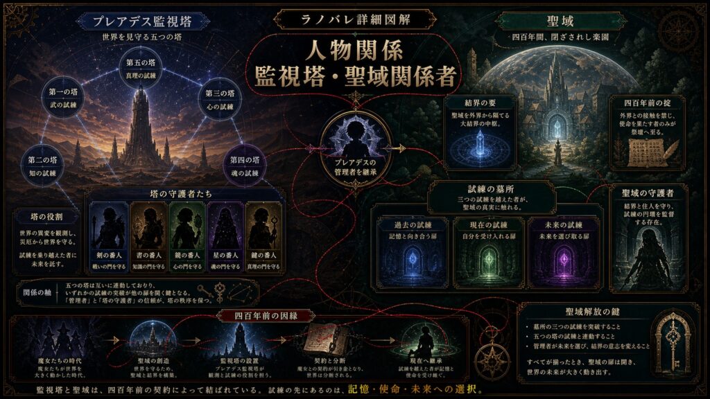 トップページ詳細解説「監視塔・聖域関係者」を整理した図解