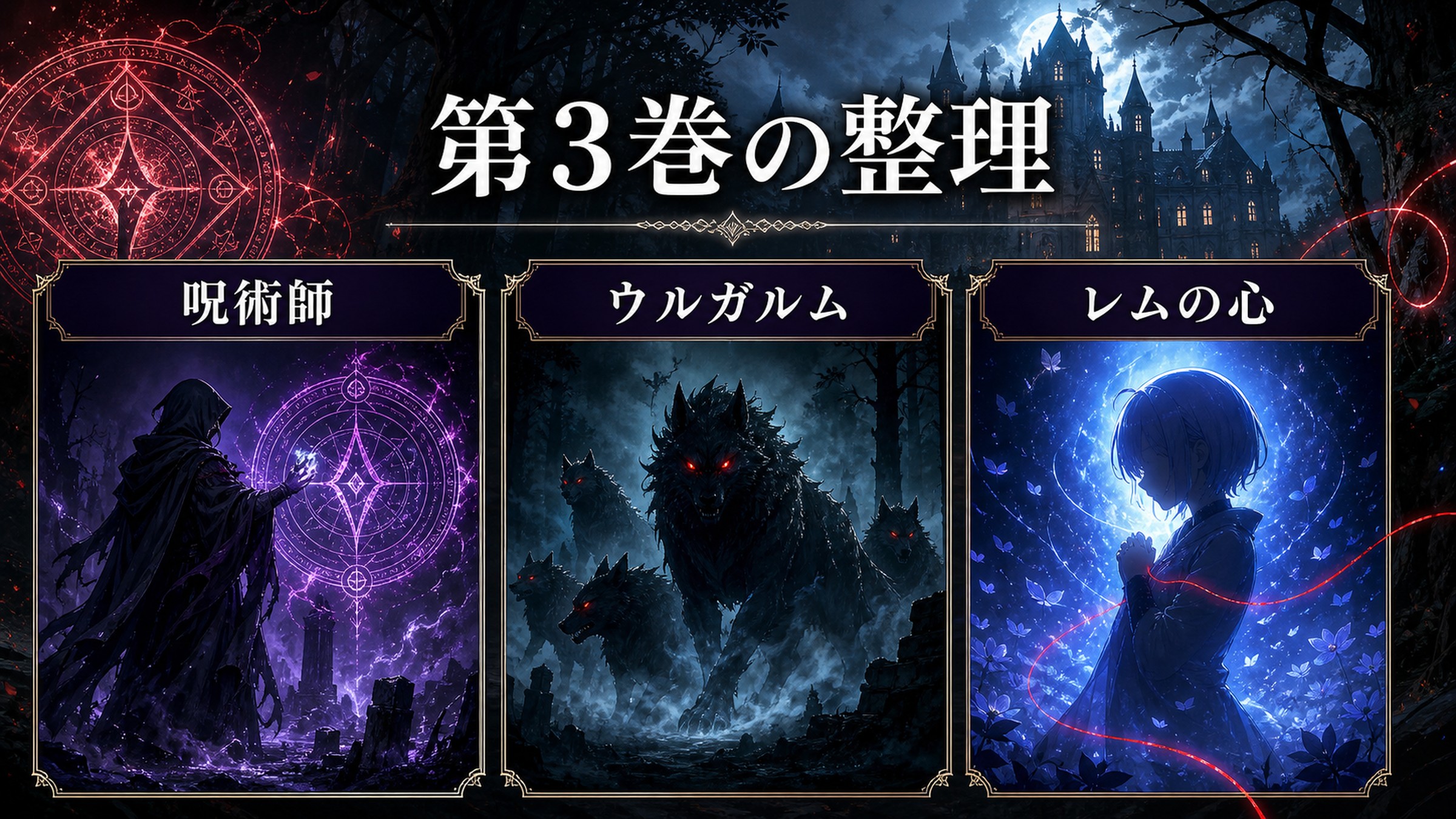 トップページ「リゼロ第3巻ネタバレ ロズワール邸での生活 呪術師・ウルガルムとの戦い、レムの心の雪解け」の内容を整理した図解