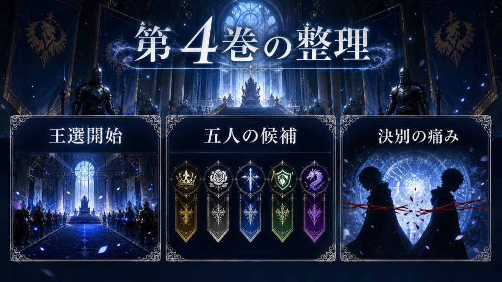 トップページ「リゼロ第4巻ネタバレ 王選開始 ５人の個性的な王候補と騎士、エミリアとの決別」の内容を整理した図解
