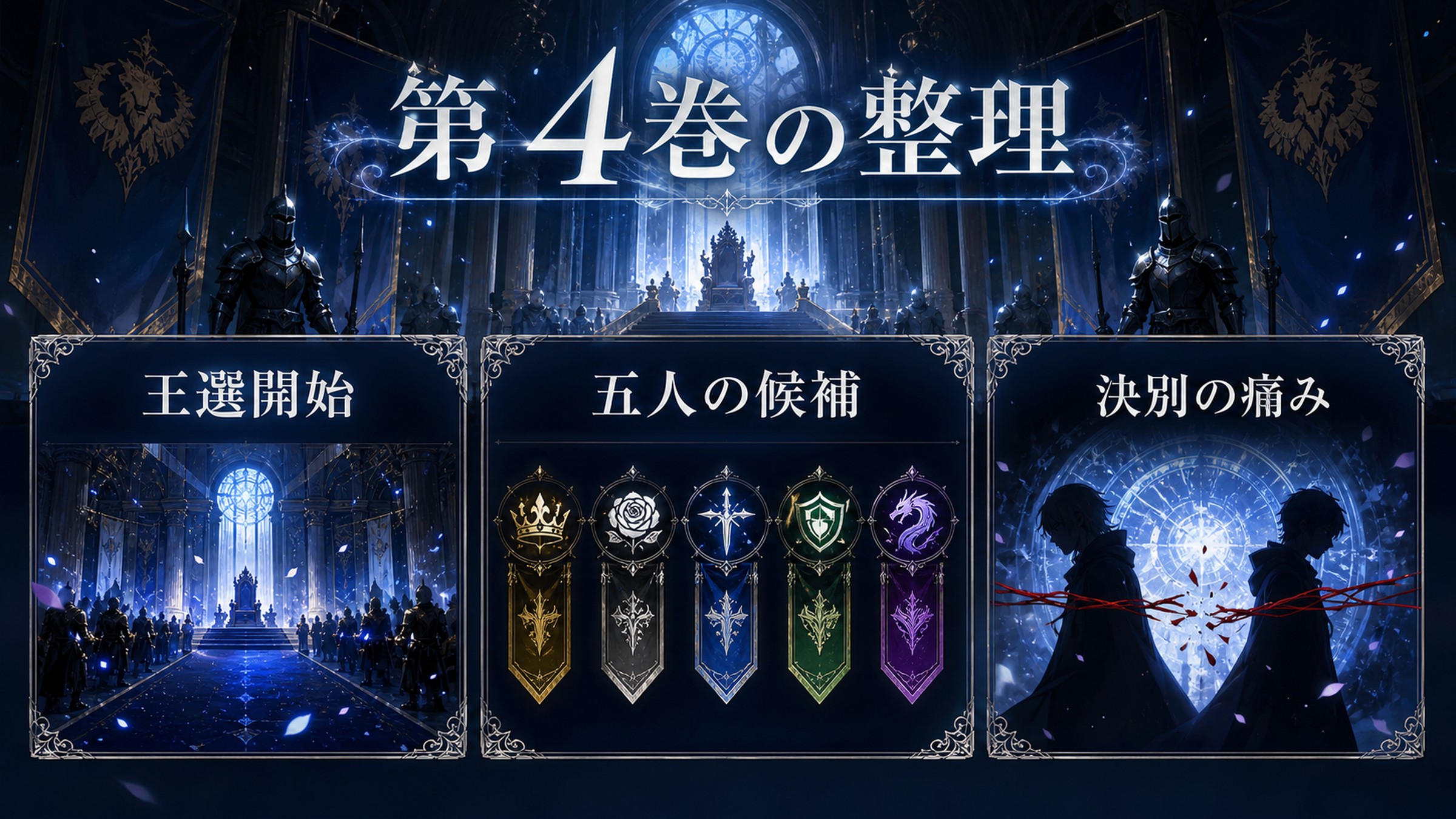 トップページ「リゼロ第4巻ネタバレ 王選開始 ５人の個性的な王候補と騎士、エミリアとの決別」の内容を整理した図解
