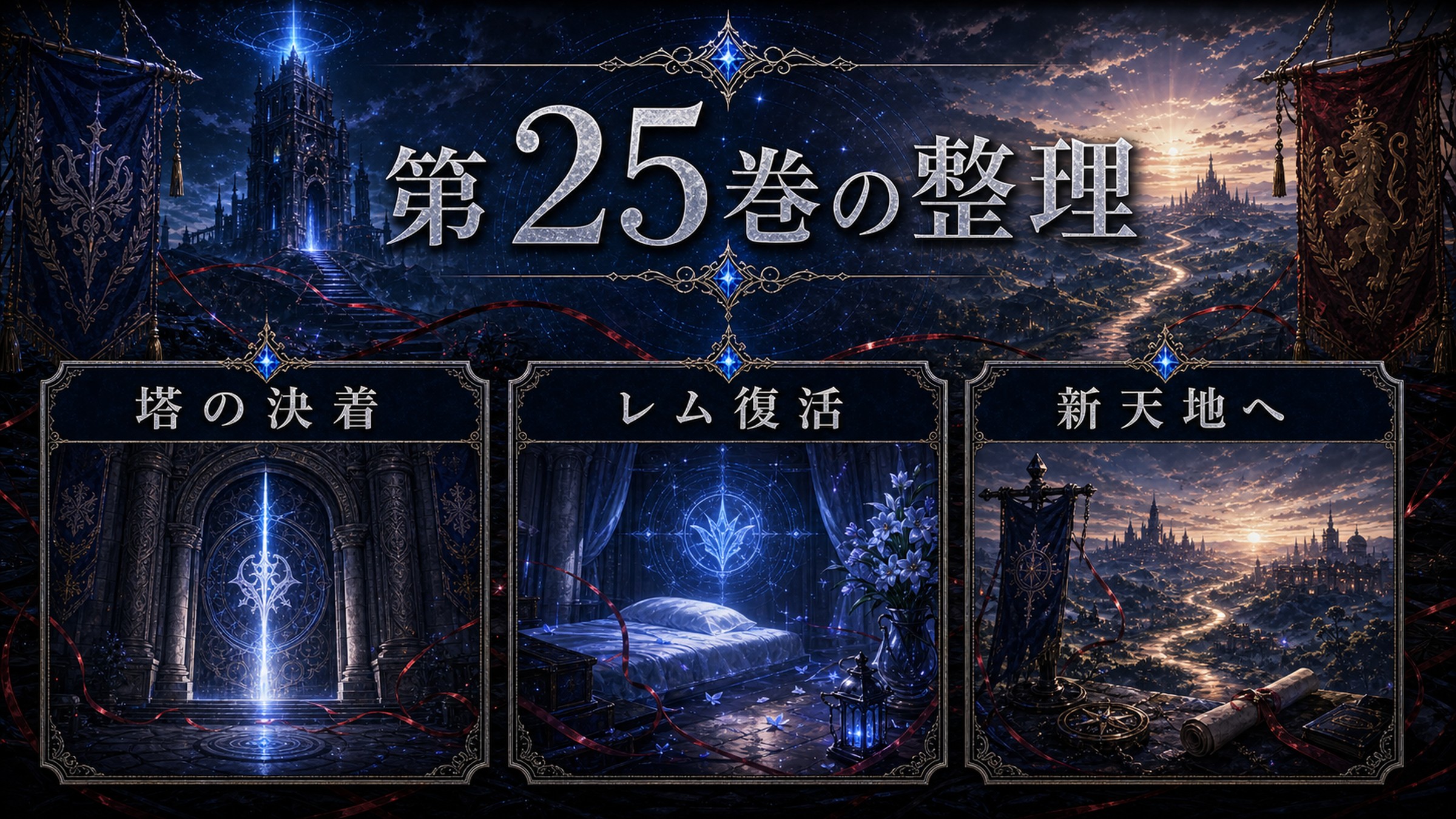 トップページ「リゼロ第25巻ネタバレ スバルとレムが復活！舞台は次の場所へと向かう」の内容を整理した図解
