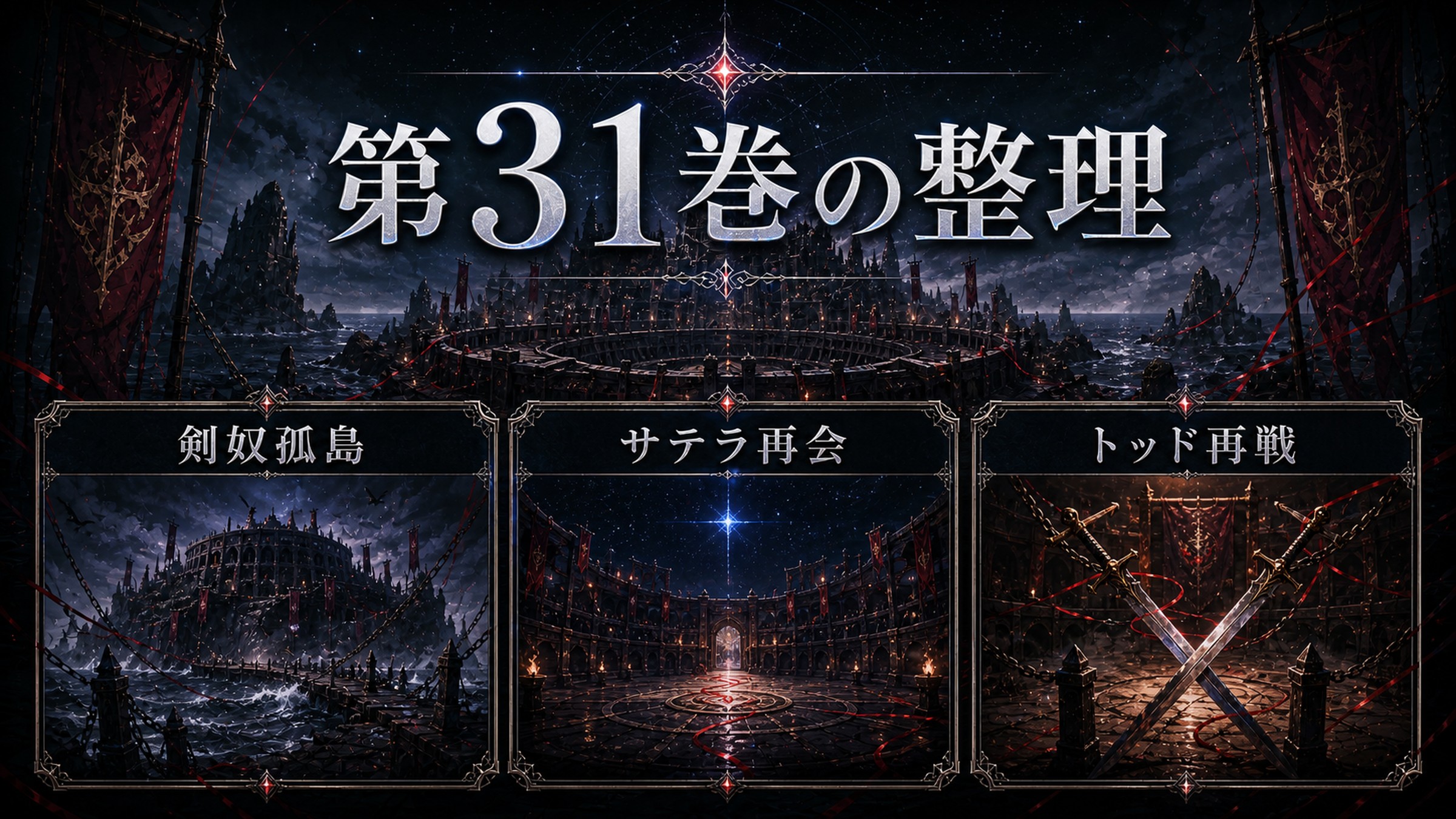 トップページ「リゼロ第31巻ネタバレ 剣奴孤島ギヌンハイブ編、サテラ再会とトッド再戦」の内容を整理した図解