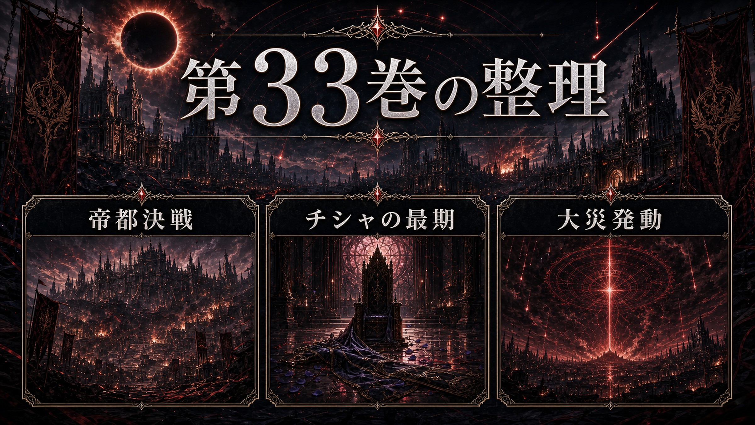 トップページ「リゼロ第33巻ネタバレ 第七章完結！帝都ルプガナ決戦とチシャの最期、大災発動」の内容を整理した図解