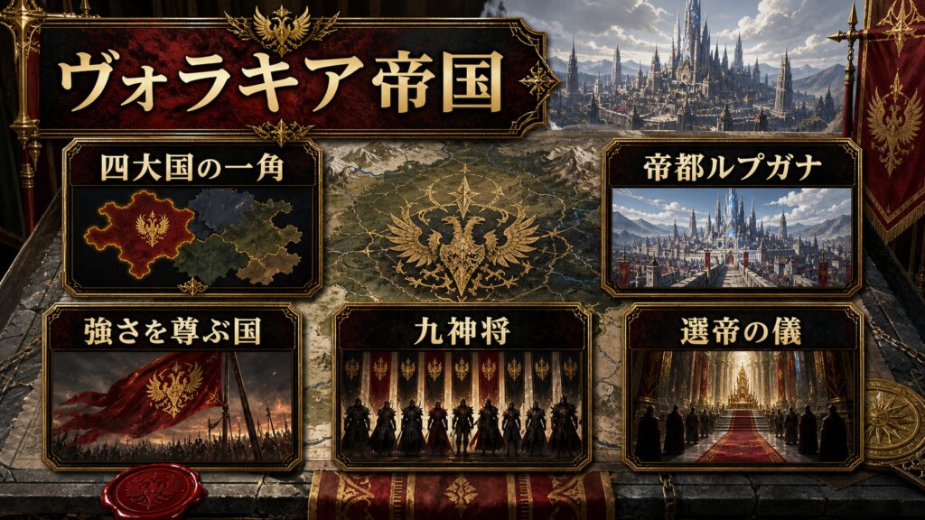 ヴォラキア帝国を四大国の一角・強さを尊ぶ国・帝都ルプガナ・九神将・選帝の儀として整理した図解