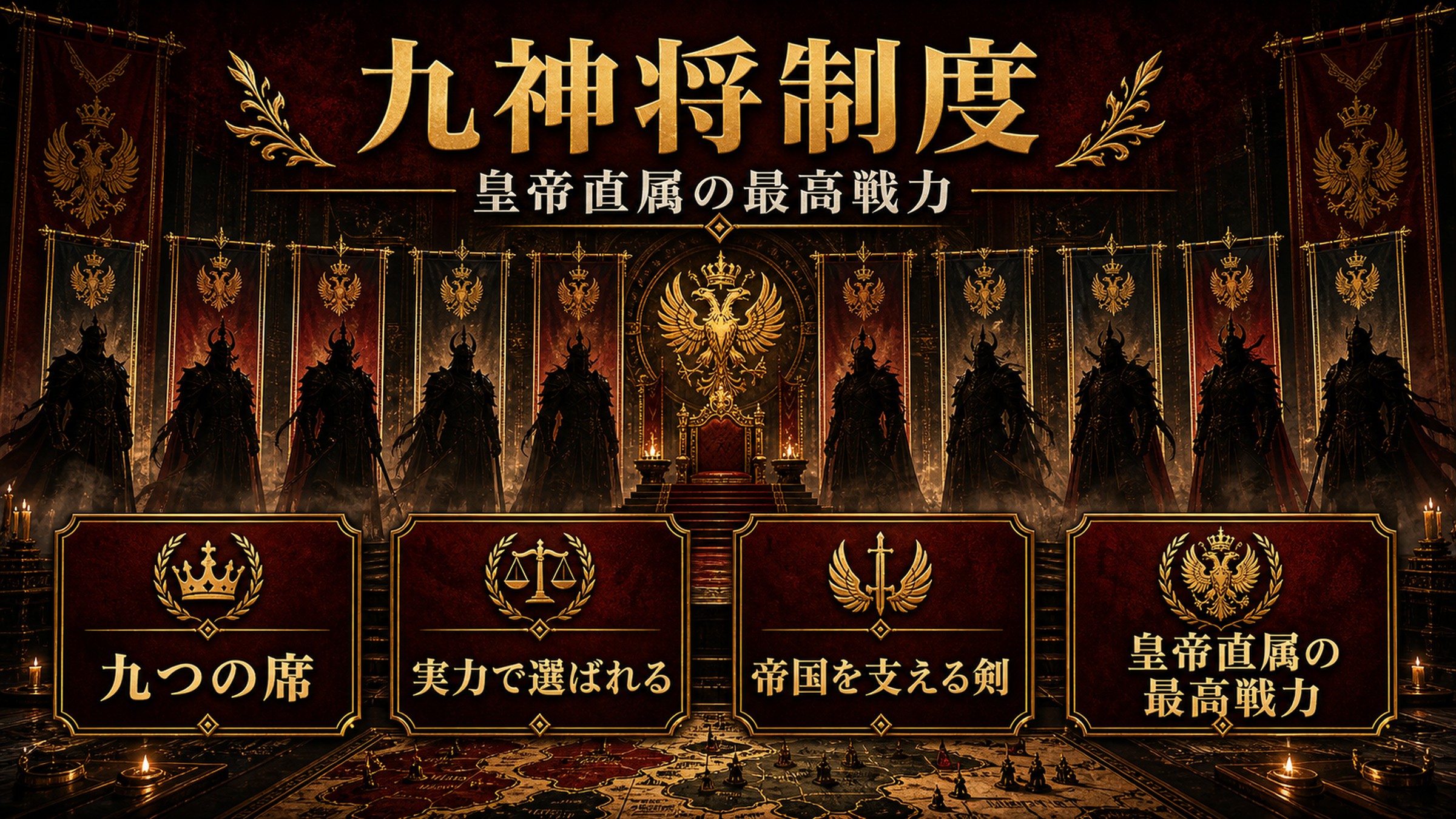 九神将制度を皇帝直属の最高戦力・九つの席・実力で選ばれる・帝国を支える剣として整理した図解