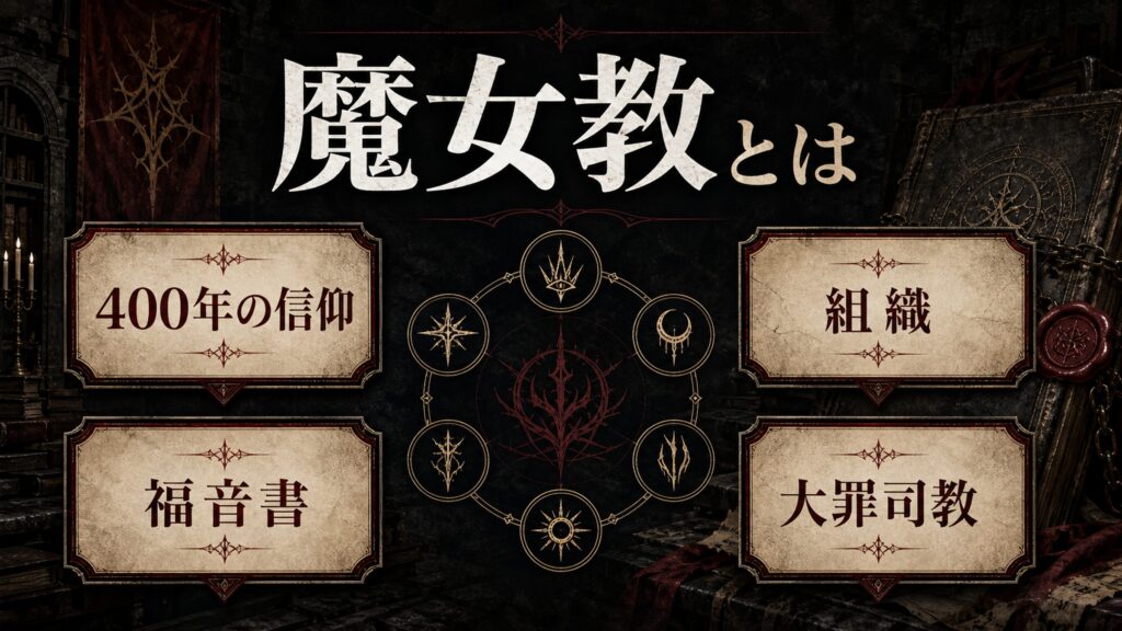 魔女教の基礎を400年の信仰、組織、福音書、大罪司教として整理した図解