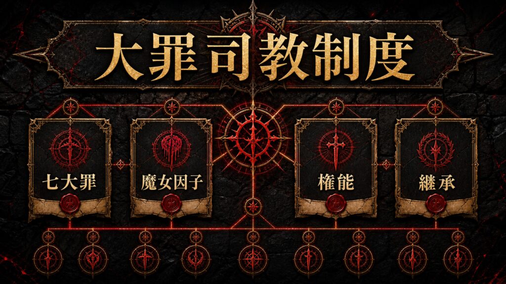 大罪司教制度を七大罪、魔女因子、権能、継承として整理した図解