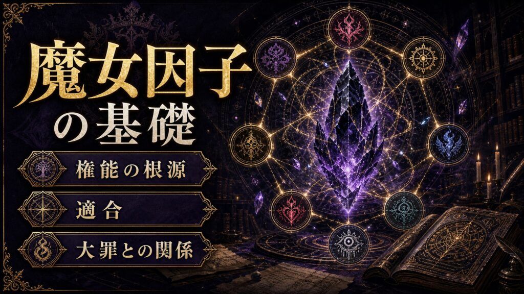 魔女因子の基礎を権能の根源、適合、大罪との関係として整理した図解